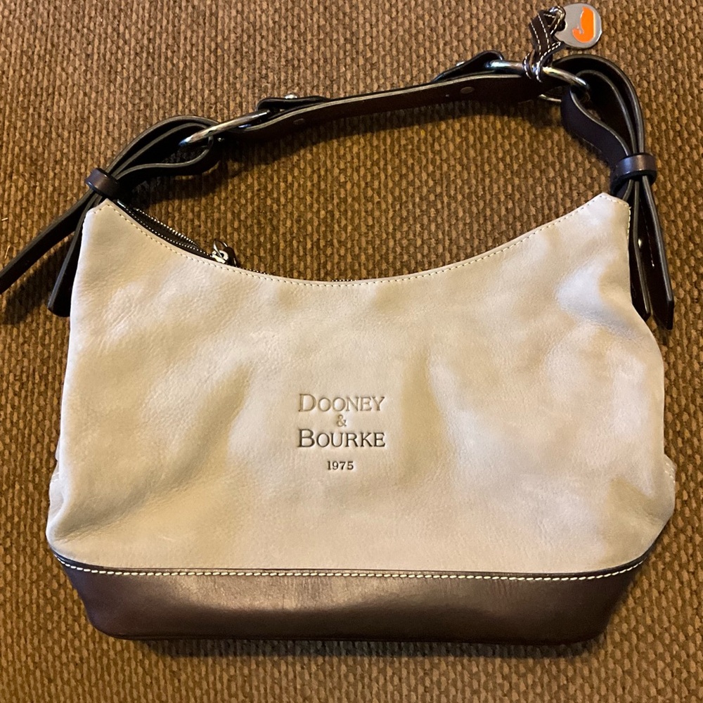 Dooney & Bourke Light Grey Suede and Dark Brown Leather Equestrian StyleHobo Bag